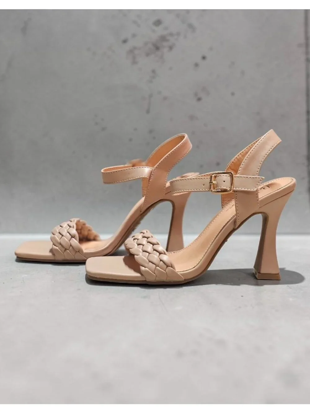 Braided Nude Heeled Sandals With Square Toe Design & Adjustable Ankle Strap - Picture 5 of 14